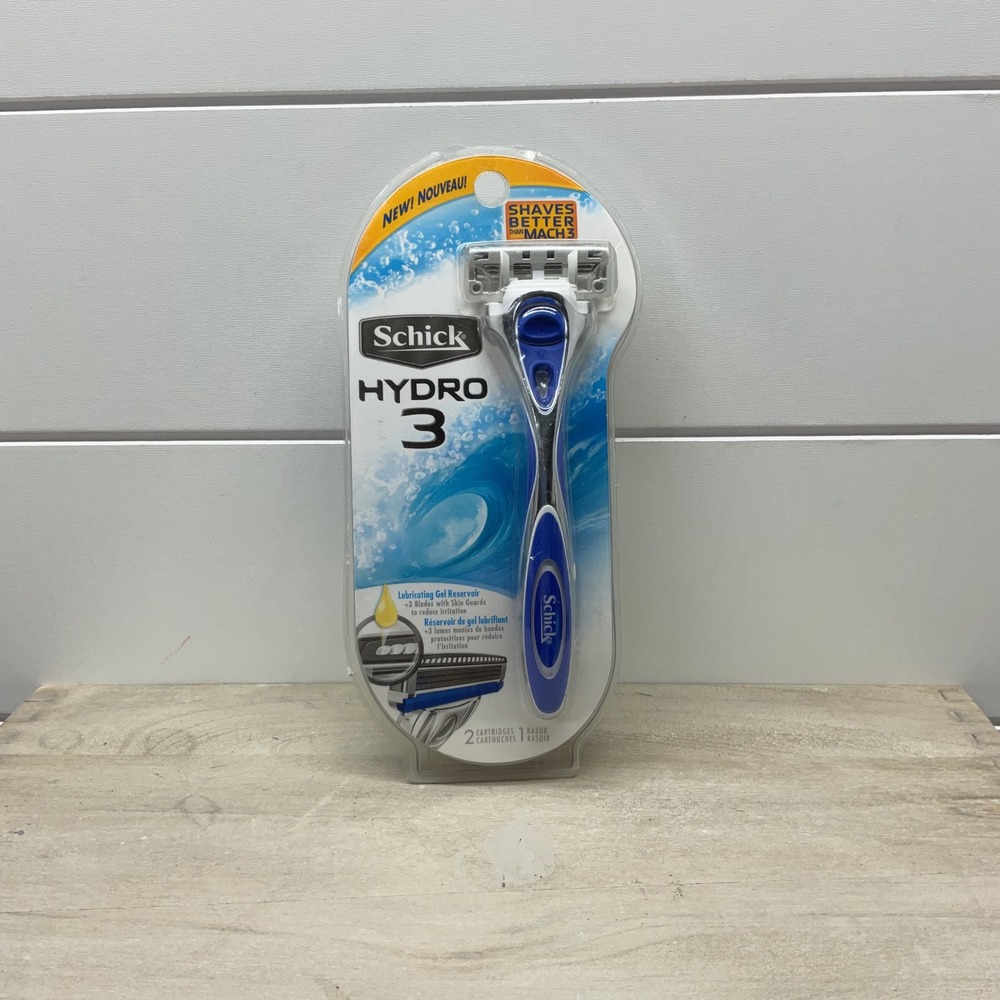 Schick Hydro 3 Mens Razor 1 Handle and 2 Cartridges Blue Silver New